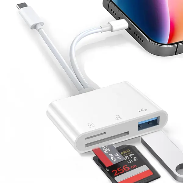 5-in-1 SD Card Reader for iPhone,iPad,Android – Dual USB C & Lightning Adapter, Supports SD/MicroSD/USB 3.0, Fast Transfer, Plug & Play, No App Needed