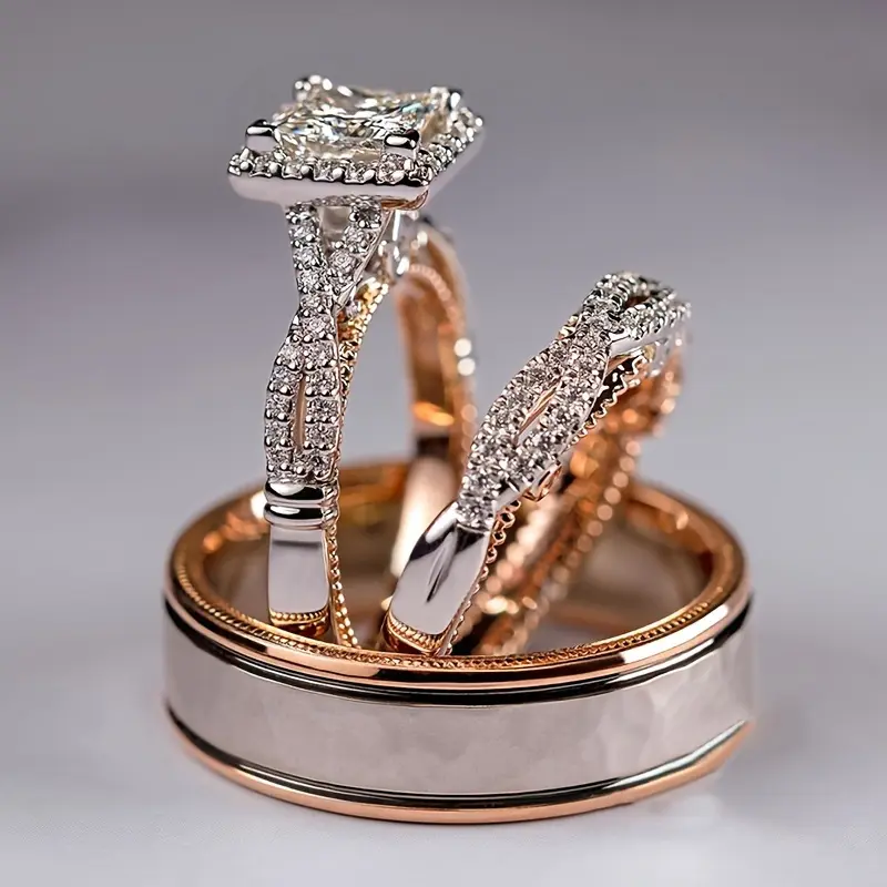 2pcs Women'S Square 304L 304L 304L Stainless Steel Ring Set, Wedding Engagement Rings, Suitable for Christmas, New Year, Valentine'S Day Gift Accessories - Couple Jewelry, Silvery Ring, 304L Stainless Steel Ring For Woman, Marriage Ring, En