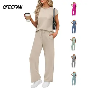 OFEEFAN 2 Piece Sets for Women Casual Summer Travel Vacation Outfits Cap Sleeve Lounge Set Chic Crewneck Soft Silky Breathable Clothes