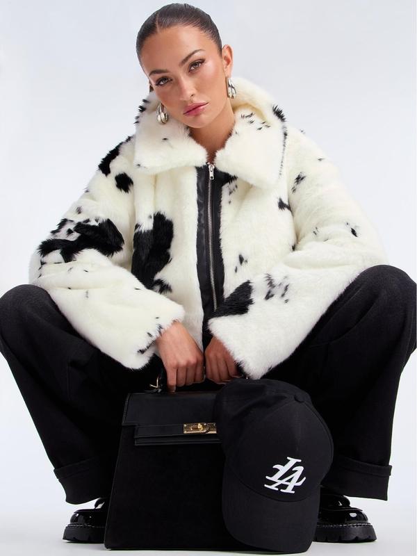 Cause A Frenzy Cow Print Faux Fur Coat – Cream/Combo | trendy everyday vibe