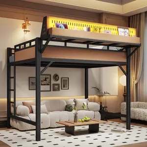 Full Size Loft Bed Frame with Storage Shelves and Pegboard, Heavy-Duty Metal Loft Bed with USB Ports and LED Lights, Safe and Sturdy, Noise Free, Natural