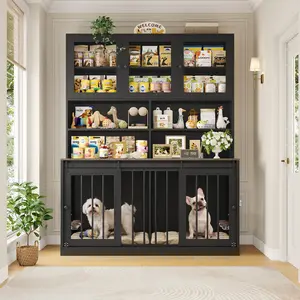 【2 packages shipping】HOSTACK 71" Tall Dog Crate Furniture | XL Wooden Dog Kennel with Storage Hutch, Feeding Bowls & Removable Divider