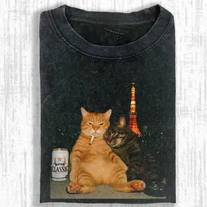 Vintage Smoking Cat Shirt, Night City Cat Graphic Tee, Ironic Street Cat Aesthetic T-Shirt, Dark Humor Cat Meme Shirt, Trending T-Shirt