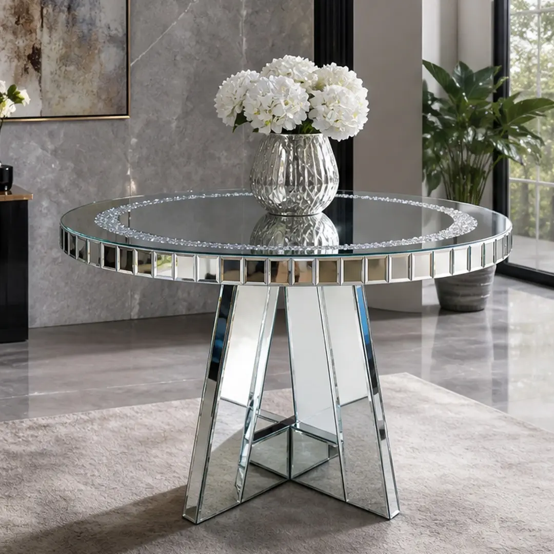 Modern Round Mirrored Glass Dining Table for 4, Diamond Crush Silver MDF+Glass Kitchen Table with Mirrored Base, Glamorous Circle Dining Room Table, Easy Assembly, 39.4x29.9 Inch, Silver Color Options, MDF+glass Material, Modern Style