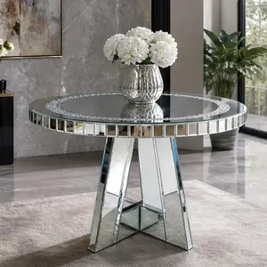 Modern Round Mirrored Glass Dining Table for 4, Diamond Crush Silver MDF+Glass Kitchen Table with Mirrored Base, Glamorous Circle Dining Room Table, Easy Assembly, 39.4x29.9 Inch, Silver Color Options, MDF+glass Material, Modern Style