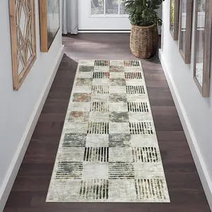 【GARVEE】Modern Washable Runner Rug, 2x6 ft, Non-Slip and Stain-Resistant, Featuring Checkered Geometric and Abstract Farmhouse Designs, Ideal for Entryway, Kitchen, Bathroom, Bedroom, Laundry, or Hallway in Grey or Sage