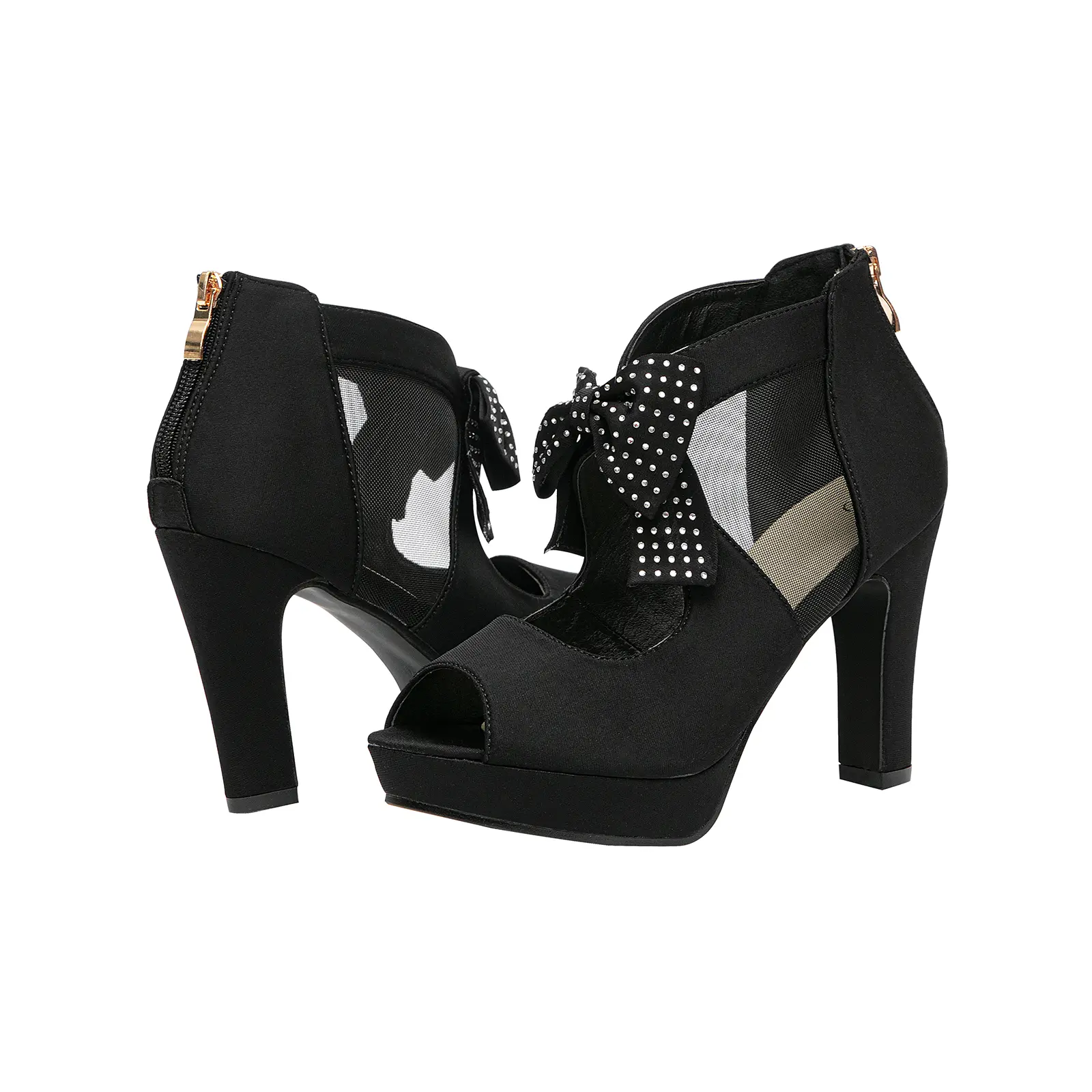 Black Rhinestones Open Toe Women's Platform High Heel Sh Classic oes with Bows Strappy Sandals - 3.9" Heel Height, 0.75" Platform, Non-Slip Rubber Sole Beige Chunky Mesh Classic Footwear Mesh
