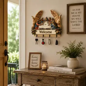 Christian Key Holder Wall Decor – Last Supper Wooden Key Rack with Welcome Sign