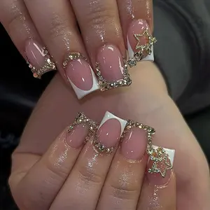 Square Press on Nails Short Fake Nails with Designs Stars Rhinestone Stick on Nail White French Acrylic False Nail Glossy Artificial Nail Full Cover Glue on Nails for Women 24Pcs