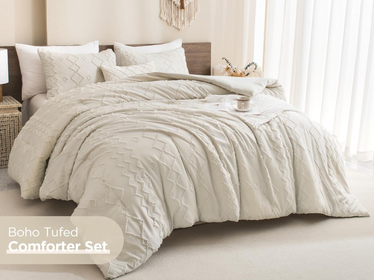 Andency Boho Queen/King Comforter Set 3 Pieces  Decorative Bedding Set Farmhouse Shabby Chic Embroidery Bedding GentleSoft Breathable for All Seasons Gifts