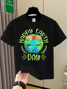 1Boys' World Earth Day T-Shirt - Soft Stretch ' Apparel with Happy Letters & Eco Print, Black & Green Round Neck Summer Top for Boys Ages 3-12 Years, Machine Washable Suitable for 3-12 Years