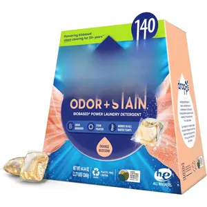 Odor & Stain Biobased Power Laundry Detergent Pods, Orange Blossom (140 Pods) - HE Compatible Laundry Pods for Fresh Clothes - Laundry Soap Supplies & Recyclable Paperboard Packaging