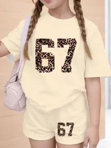 Teen Girls' Retro Leopard Pattern Set, Cream Short Sleeve Tee & Shorts, Casual Summer, School Sports Style, Outdoor Activities