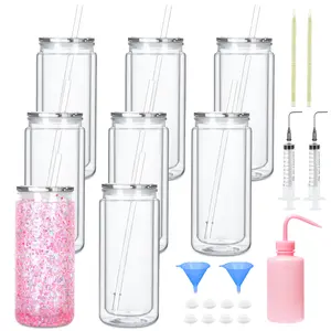 8 Pack 20oz Acrylic Snow Globe Tumbler, Double Wall Plastic Cup with Lid, Straw & DIY Tool Kit, Ideal for DIY Snow Globe Gifts