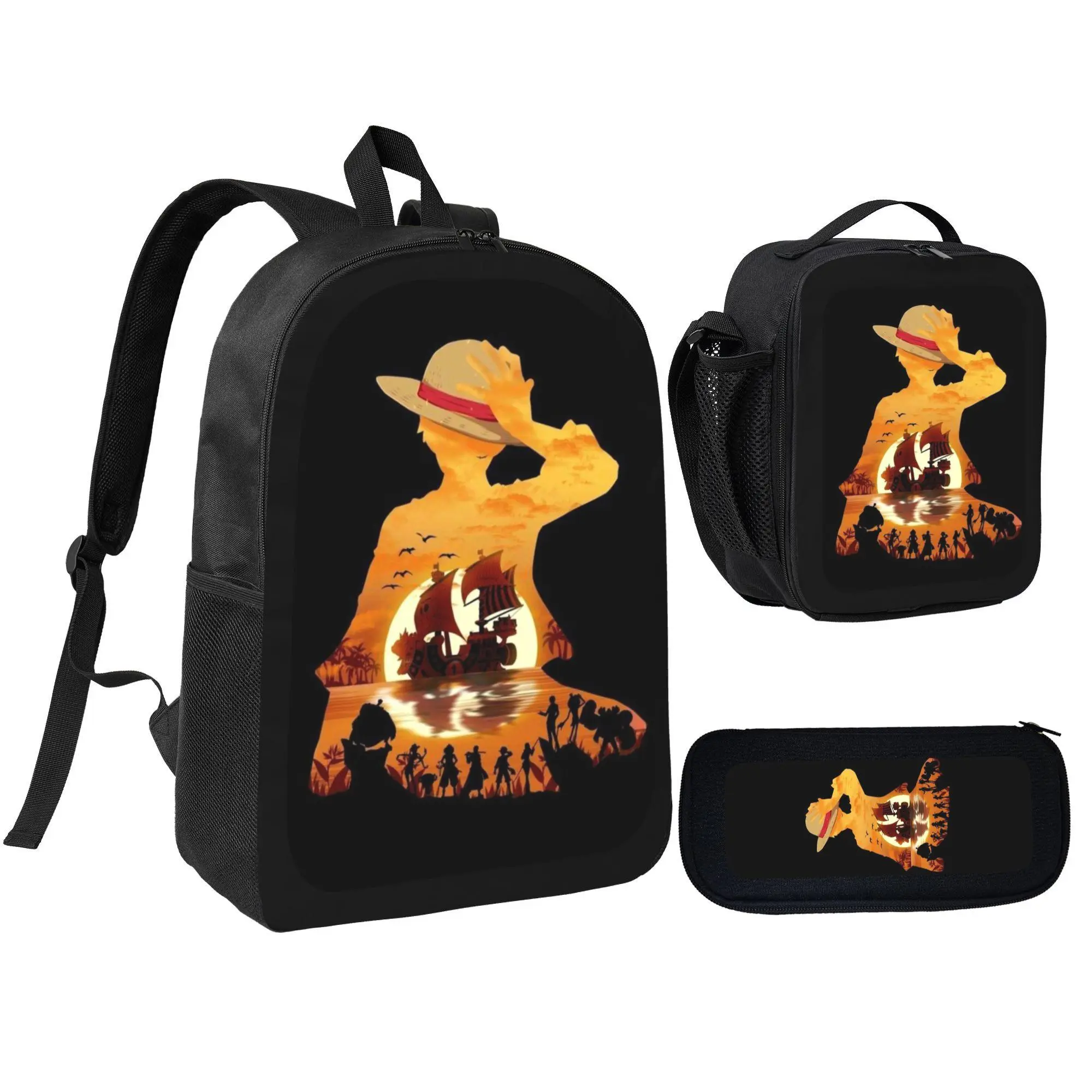 [3Pcs Anime Theme Set Pack] Straw Hat Pirate Silhouette Art Sunset Adventure School Backpack with Lunch Bag, Pencil Pouch for Boys Students Daily Use, Travel