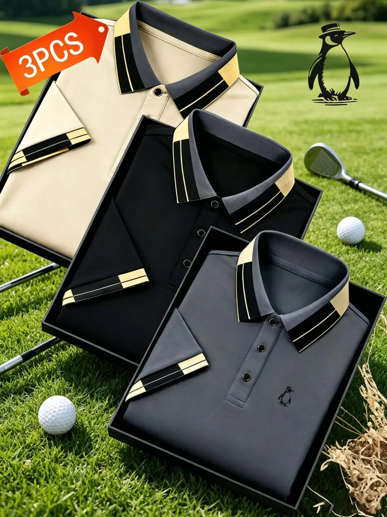 Men's Fashion Penguin Logo Polo Shirt Set, Comfortable Casual Sportswear, Ideal for Golf Tennis Training and Business Wear