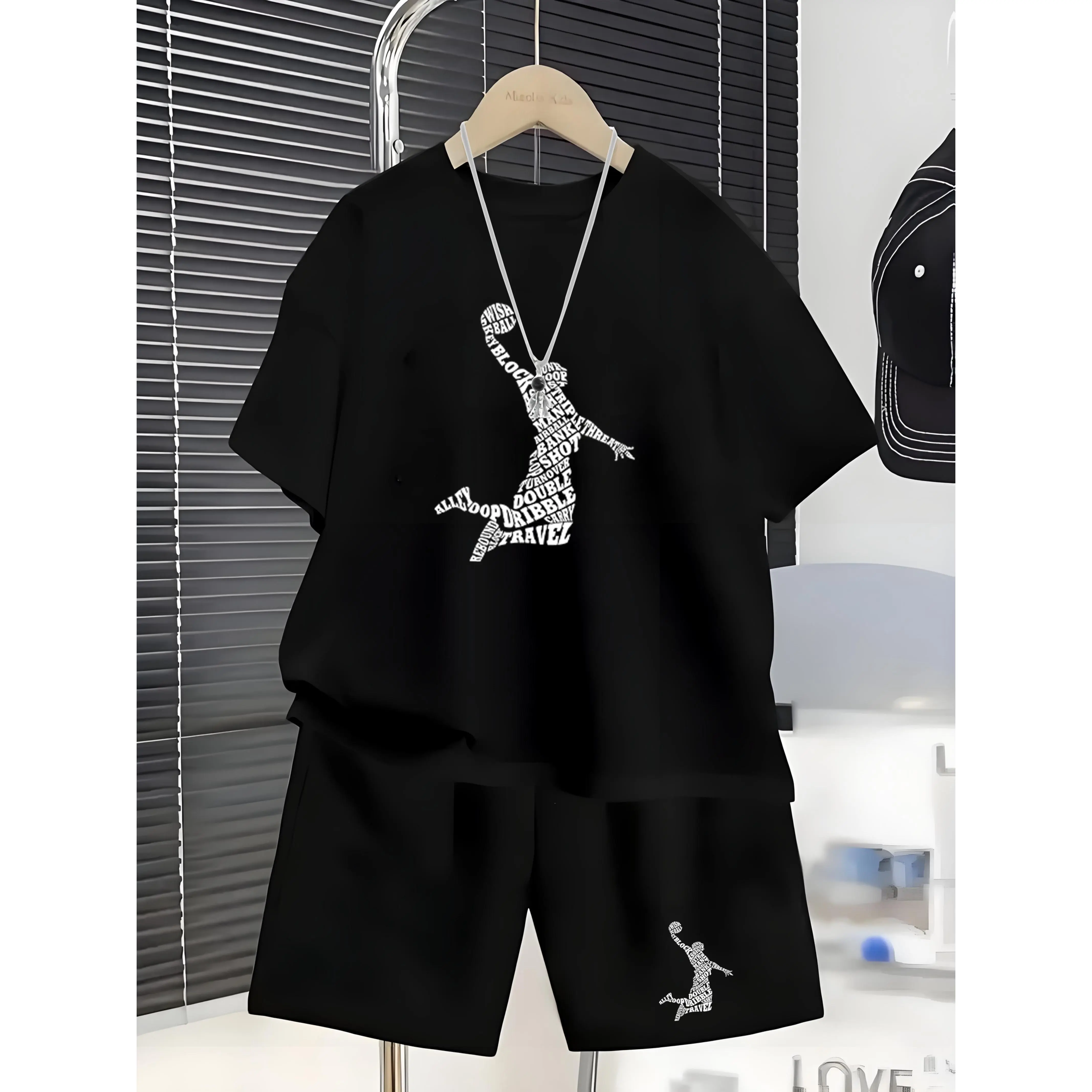 Boys' Basketball-Themed Graphic Silhouette Print Casual 2pcs Set: "Basketball Action Silhouette + Sports Slogan Text Combination Print T-Shirt + Matching Dynamic Sports Style Shorts Set". Trendy And Cool Basketball Style for Comfortable Everyday Wea