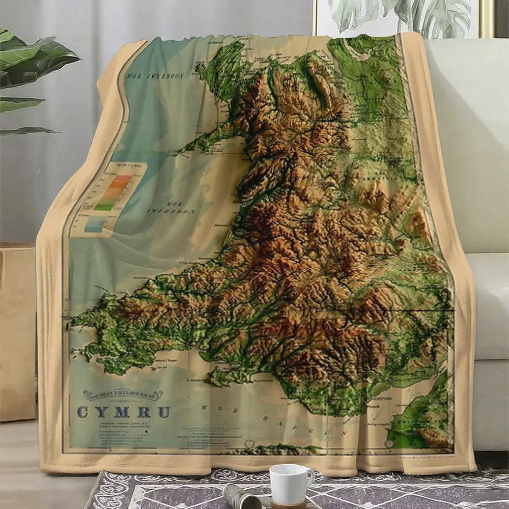 Wales Map Soft Fleece Blanket Printed with Welsh Landmarks  Soft Funny Throw Blanket Cozy Lightweight Plush Portable Cover Blanket For Sofa,Warm Gift For Birthday,Christmas,Multiple Blanket