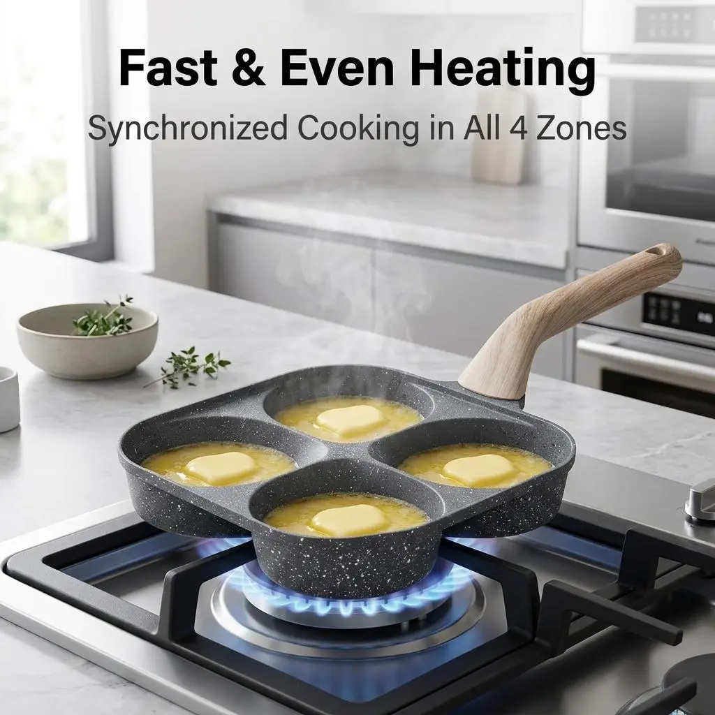 [EchoVess] 4-in-1 Rectangular Granite Coat Non-Stick Divided Grid Breakfast Skillet, Tempered Glass Lid, Silicone Strips, Fast-Heating Multi-Functional Egg Pan, Durable Space-Saving Easy-Clean Eco-Friendly Kitchen Cookware