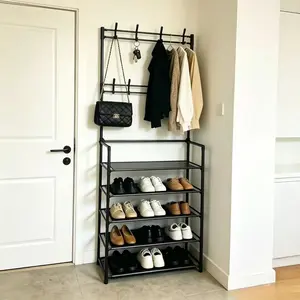 5-Tier Rectangular Freestanding Garment Shoe Rack with Top Hooks, Dual-Use Household Storage Stand for Coats, Bags, Footwear in Entryway, Bedroom
