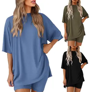 Women's Summer Two-Piece Set Casual Oversized Crewneck Split Hem Shirts Side Pocket Biker Shorts Travel Outfit Womenswear Clothes