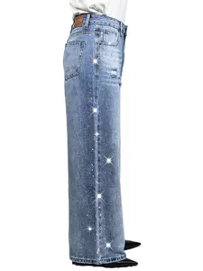 Lux Lee Spring Rhinestone Baggy Straight Jeans - High-Waisted, Slimming & All-Match, Distressed & Washed Denim, Sparkling Side Rhinestones, Loose Fit, Casual Streetwear, All-Match Trendy Y2K Pants for Women
