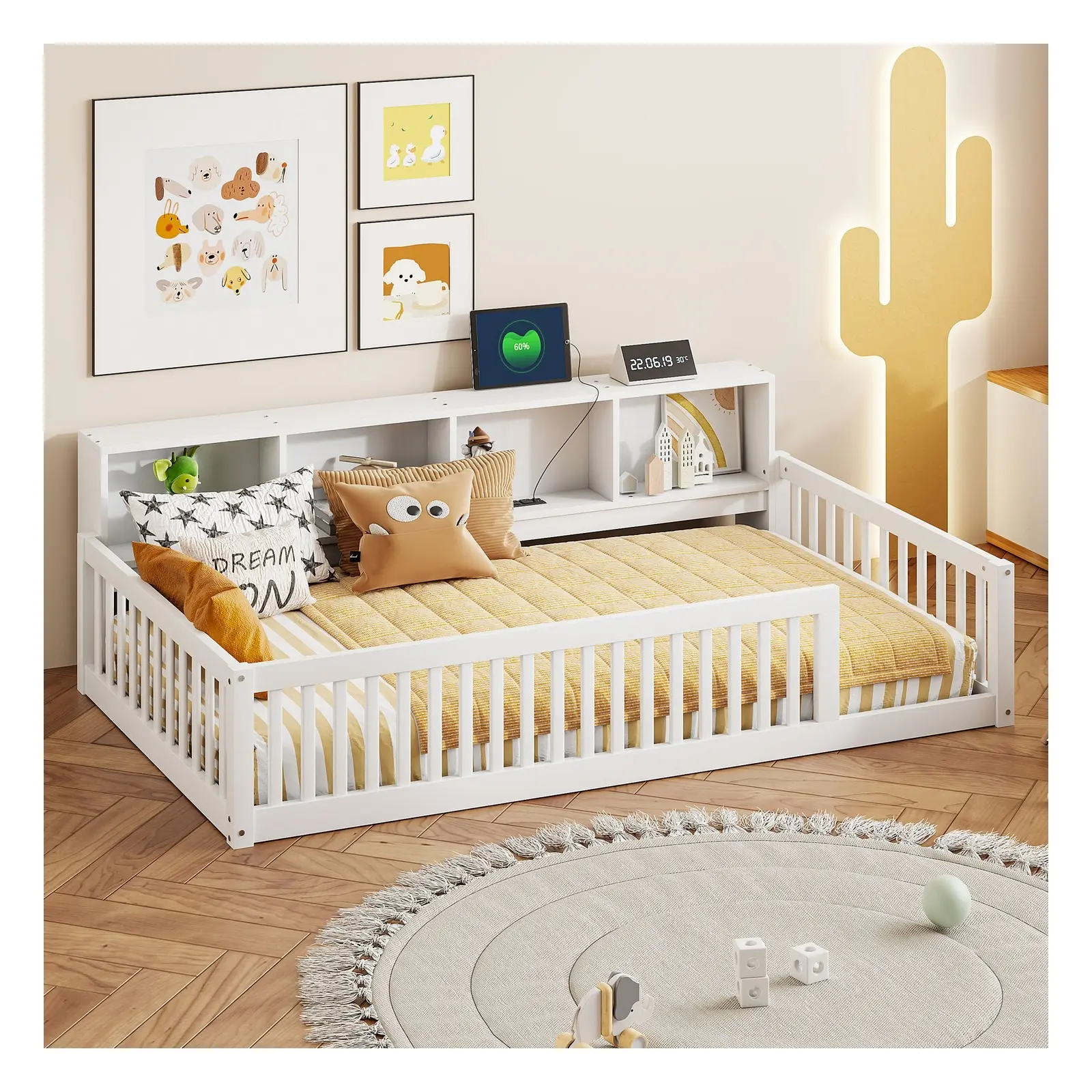 Twin XL Wood Low-Profile Floor Bed Frame with Charging Station, 400 lb Capacity, Storage Shelves and Guardrails, White/Gray/Brown