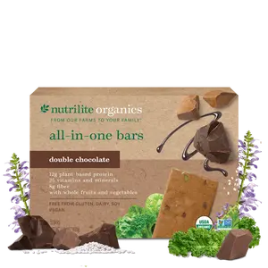 Nutrilite Organics All-in-One Bars Double Chocolate 12 Pack Vegan Protein Snack Bar with Fiber Vitamins Minerals USDA Organic Plant-Based Ingredients - Cocoa