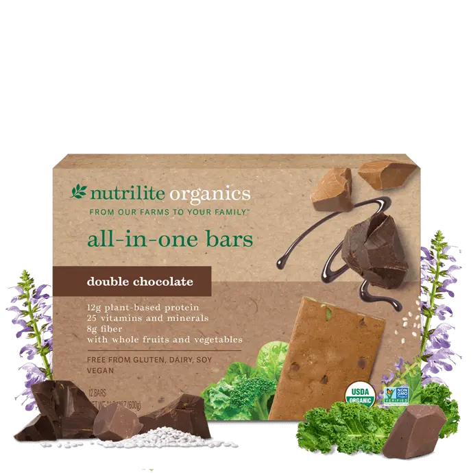 Nutrilite Organics All-in-One Bars Double Chocolate 12 Pack Vegan Protein Snack Bar with Fiber Vitamins Minerals USDA Organic Plant-Based Ingredients - Cocoa