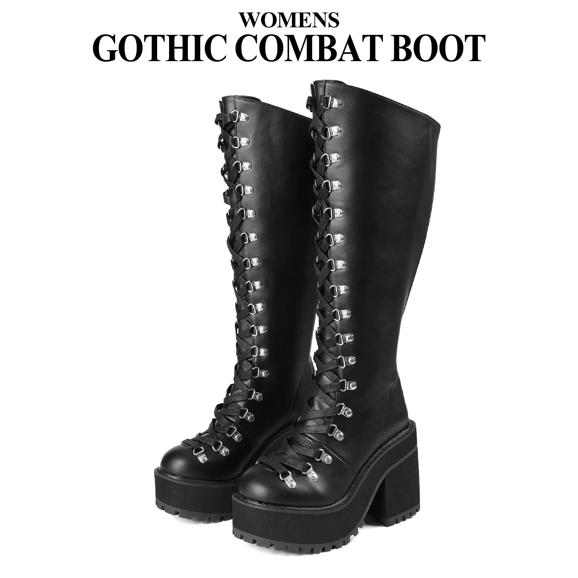 CYNLLIO Womens Knee High Platform Boots Zipper Lace Up Chunky Heel Wedge Round Toe Goth Motorcycle Punk Spring Combat Boots Deals For You Days