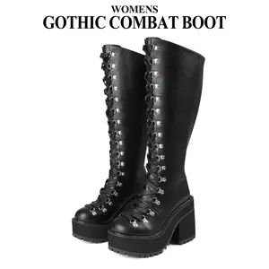 CYNLLIO Womens Knee High Platform Boots Zipper Lace Up Chunky Heel Wedge Round Toe Goth Motorcycle Punk Spring Combat Boots