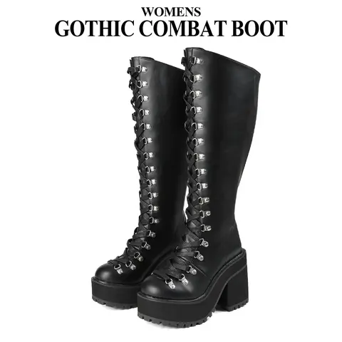 CYNLLIO Womens Knee High Platform Boots Zipper Lace Up Chunky Heel Wedge Round Toe Goth Motorcycle Punk Fall Combat Boots