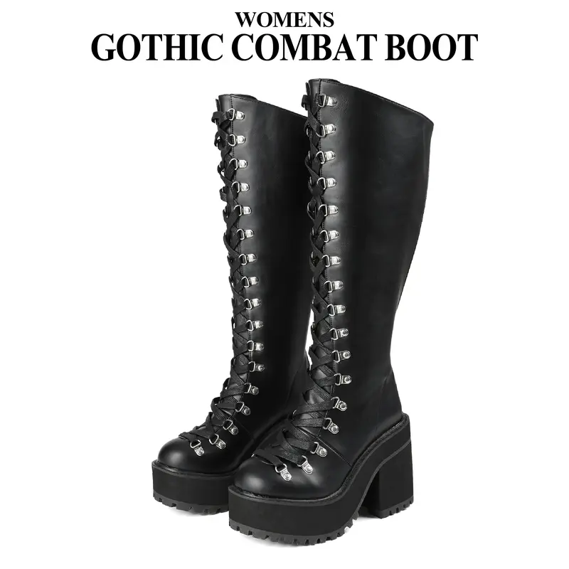 CYNLLIO Womens Knee High Platform Boots Zipper Lace Up Chunky Heel Wedge Round Toe Goth Motorcycle Punk Fall Combat Boots