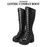 CYNLLIO Womens Knee High Platform Boots Zipper Lace Up Chunky Heel Wedge Round Toe Goth Motorcycle Punk Fall Combat Boots