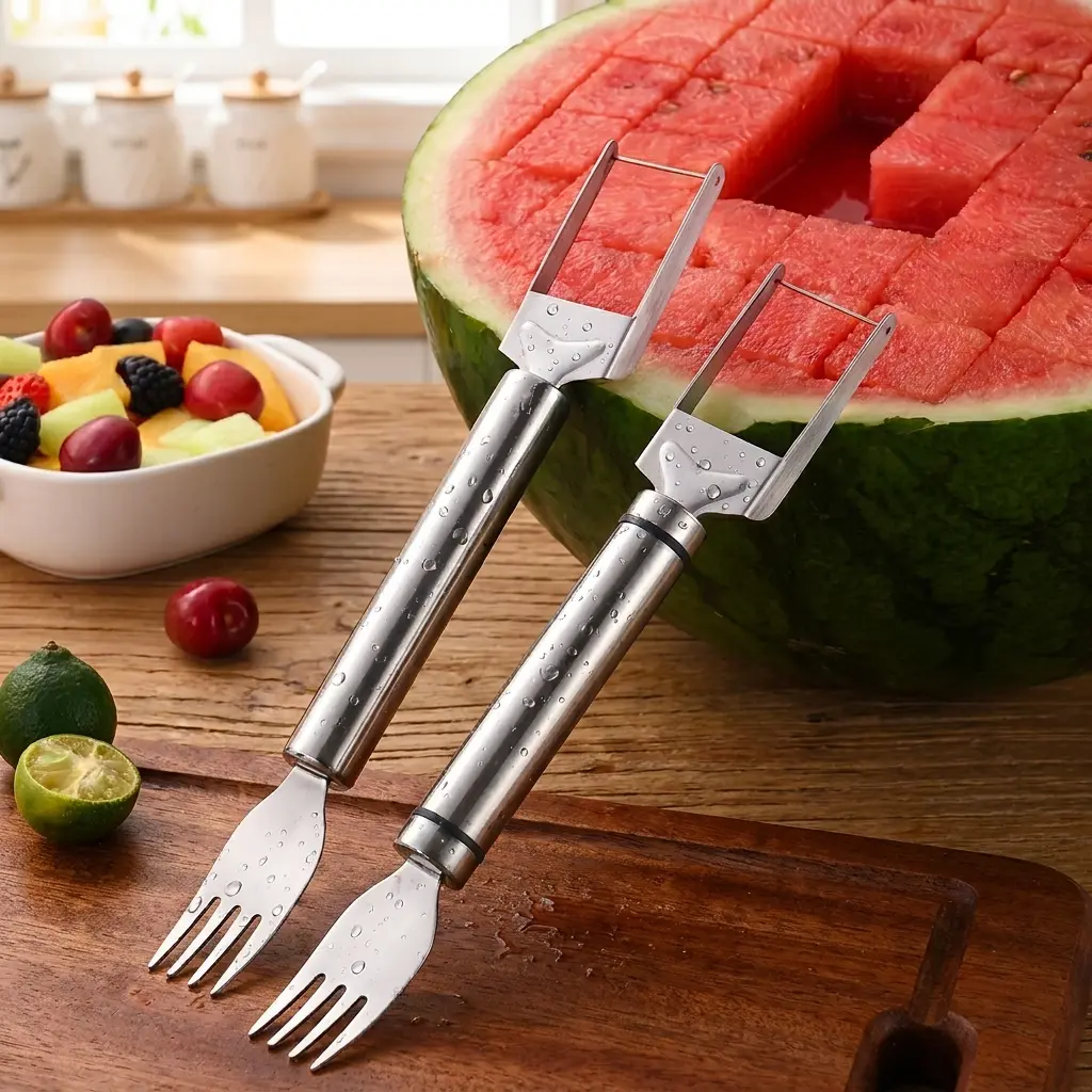 NatureVibe【2 Pack】Watermelon Fork Slicer,Watermelon Slicer Cutter,Watermelon Cube Cutting Tool, 2-in-1 Stainless Steel Fruit Cutter, Dual Head Fruit Forks Slicer Knife with Round Handle,Fruit Cutting Kitchen Utensils,Kitchen Gadgets,Portable Modern