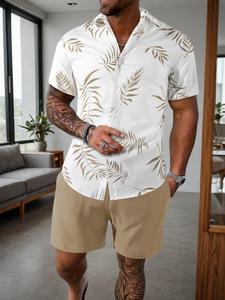 men's leaf print drawstring waist shorts set, casual collared button short sleeve top & shorts set,  sets for men clothing, men's 2 piece set, national day clothing, menswear