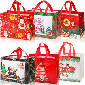 Reusable Christmas Gift Bags Set of 6, Festive Santa Reindeer Snowman Designs, Durable Handles for Holiday Parties & Surprises, Party Gift Packs