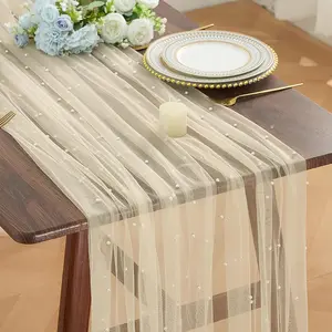 3PCS Pearl Table Runner Beige Tulle 120 Inch 10FT Summer Sheer Gauze Dining Wedding Birthday Party Baby Shower Bridal Anniversary Holiday Table Decor for Home Party