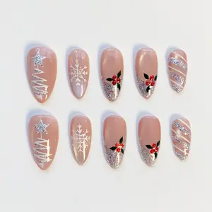 AuréNails - Christmas Pink Cat Eye Press On Nails – Long Almond Shape With Silver Glitter, Sparkling Winter Bling Nail Art Perfect For Holiday Parties