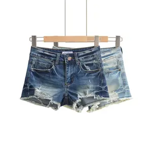Retro hot girl low-waist tight-fitting hip-hugging slimming frayed denim shorts