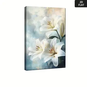 2D Flat, White Lilies Framed Canvas Wall Art - Soft Focus Blurred Background with Lily Petals, Modern Minimalist Floral Painting for Living Room, Bedroom, Kitchen Decor - Elegant Home Decoration & for family Gathering Centerpiece	