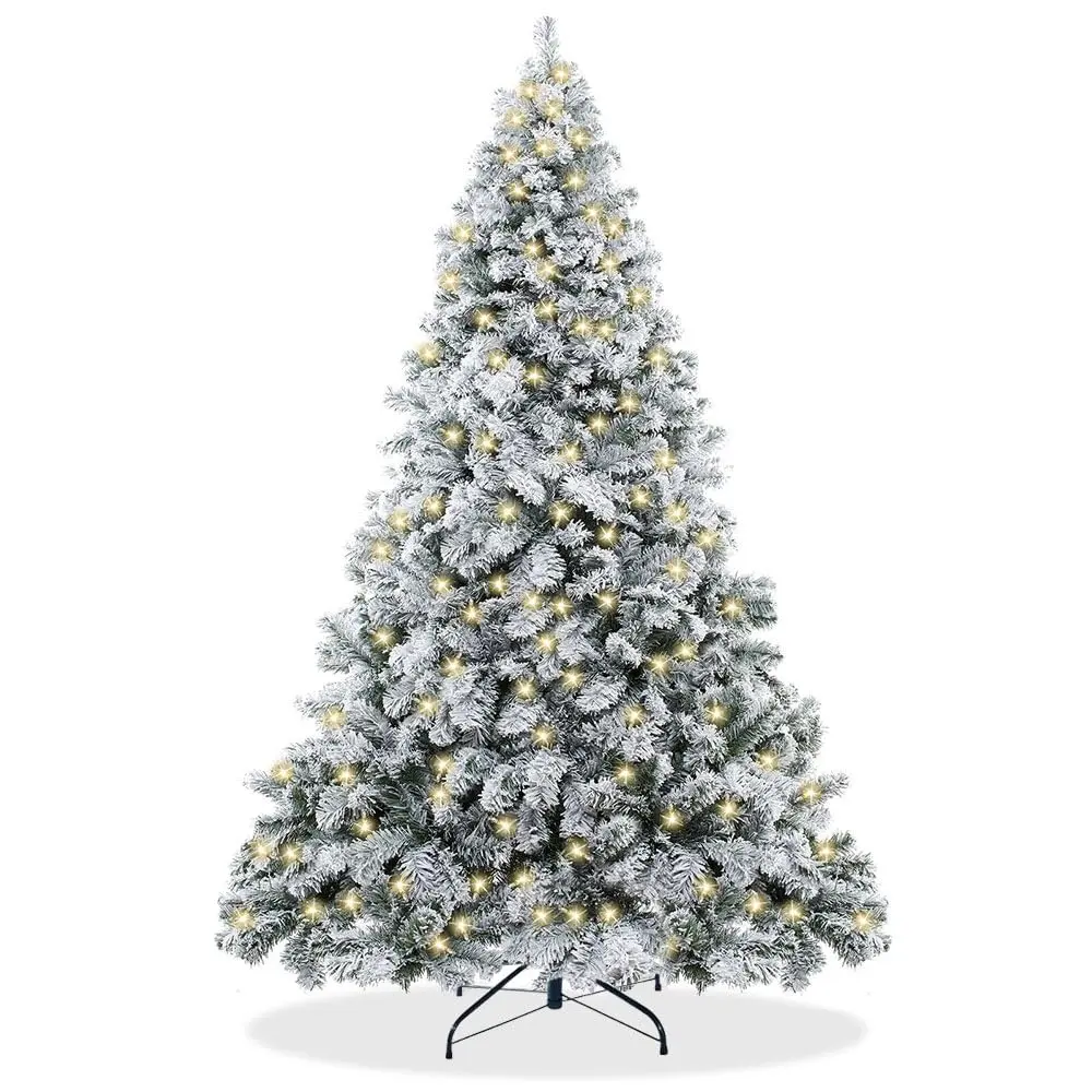 HOMEYA 7.5ft Pre-lit Snow Flocked Christmas Tree with Lights - Artificial Xmas Trees with 500 LED Warm White Lights, 1088 Branch Tips, Metal Stand and Storage Bag for Home, Office, Party Decoration