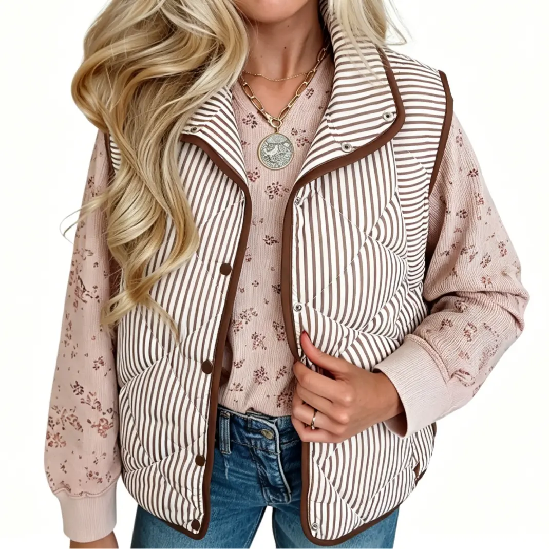 Asvivid Women's Stripe Contrast Trim Snap Button Collared Winter Sleeveless Striped Vest with Pockets Fashionable Outerwear Tops