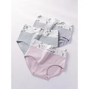 3-piece Set of Color-blocking Printed Underwear, Comfortable Breathable Stretch Women's Underwear, Female Underwear