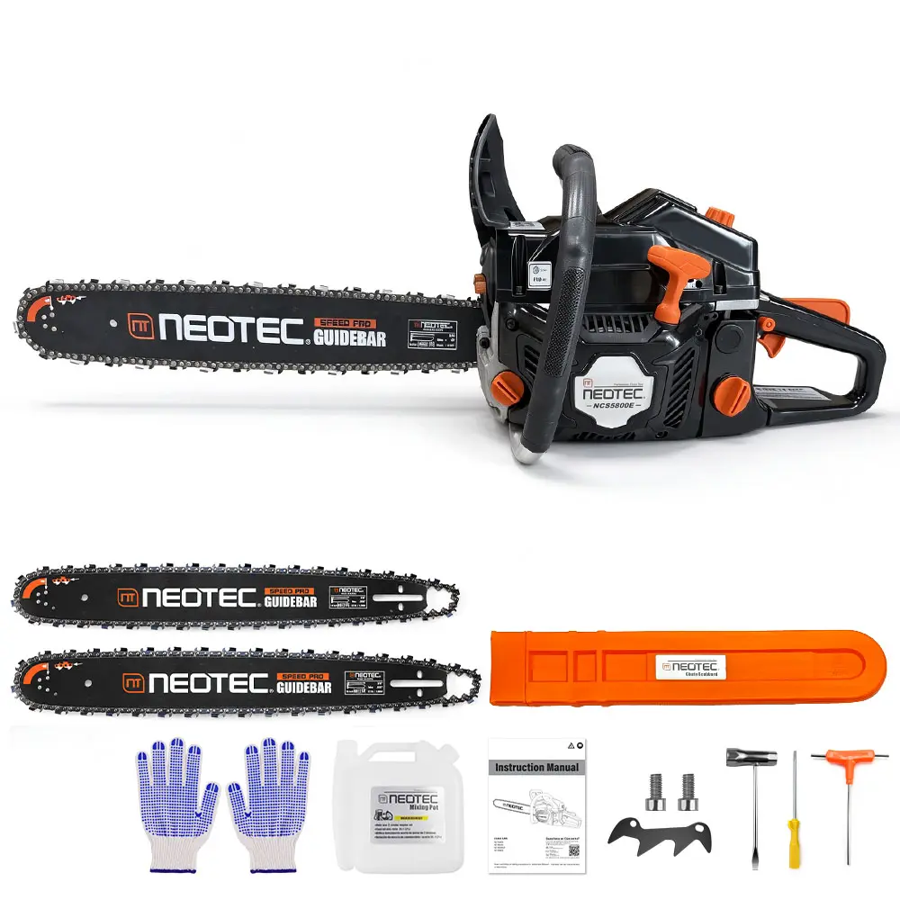 NEOTEC NCS5800E 58CC Gas Chainsaw with 18" & 20" Guide Bars, 2.8 HP 2-Cycle Outdoor Wood Cutting Tool