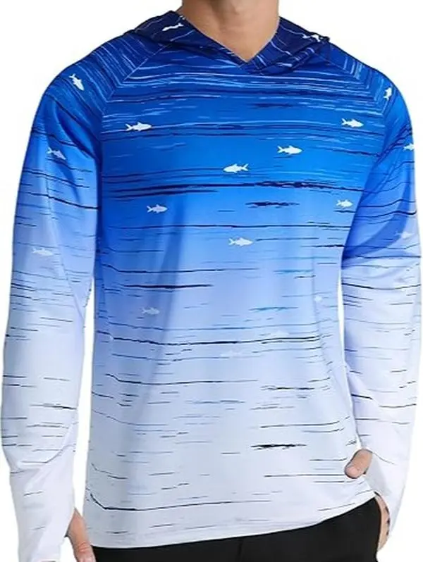 APTRO Men's UPF 50+ Silk-Like Breathable Long Sleeve Gradient Color-Block Animal Print Hooded UPF Rash Guard - UV Protective Unisex Outdoor Sports Top for Fishing, Running