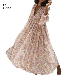 Women Floral Print Long Dress, 3/4 Sleeve Dress V Neck Floral Loose Summer Casual Swing Dress