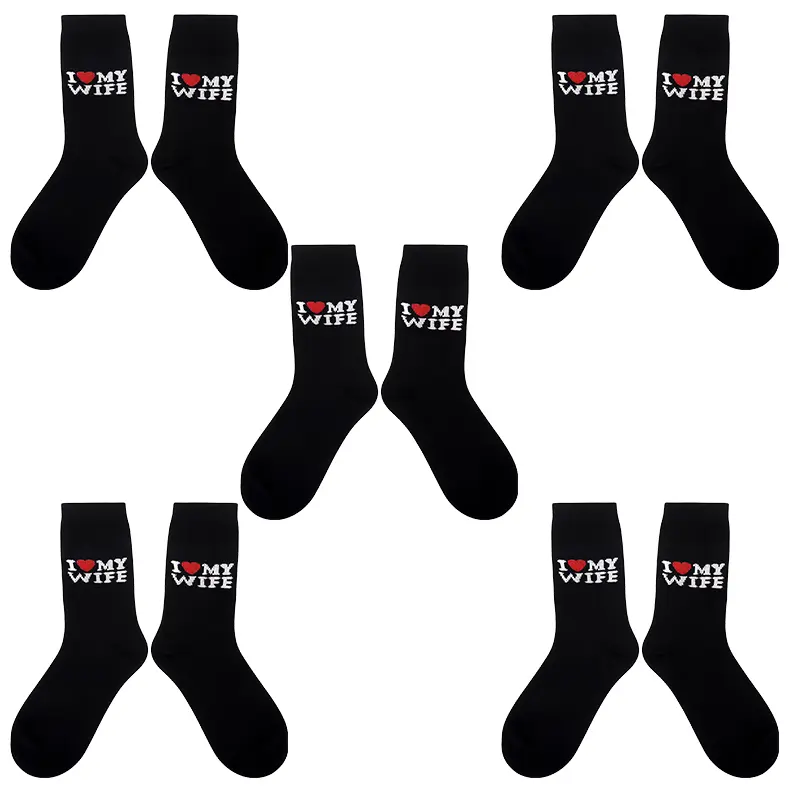 Menswear 5-Pack Heart Print Crew Sock Set - Polyester All-Season Wear Casual Comfy Calf-High Funny Novelty Black Socks, Machine Washable Ideal Gift for Husbands