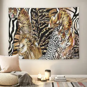Wild Animal Print Wall Flag, Lion & Tiger Artwork, Mid-century Modern Black Flash Manga Style, Y2K Jungle Aesthetic, For Adult Fans, Nature Lover Decor, Living Room, Bedroom, Exotic Vibe Tapestry