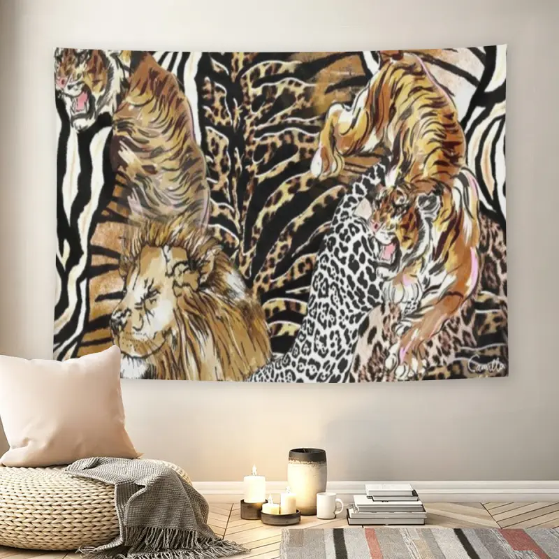 Wild Animal Print Wall Flag, Lion & Tiger Artwork, Mid-century Modern Black Flash Manga Style, Y2K Jungle Aesthetic, For Adult Fans, Nature Lover Decor, Living Room, Bedroom, Exotic Vibe Tapestrymusic comics wall flags custom tapestries